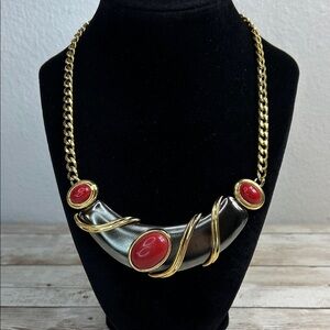 Vintage 1980s Modernist Monet Gold and Red Statement Necklace
